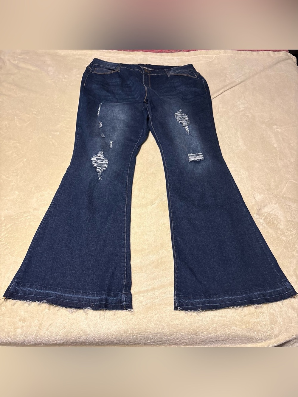 High-Rise Dark Blue Distressed Flare Jeans